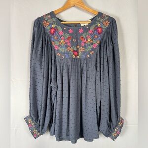 Luna Moon Popover Top Embroidery Blue Floral Boho Cottagecore 3D Oversized Med